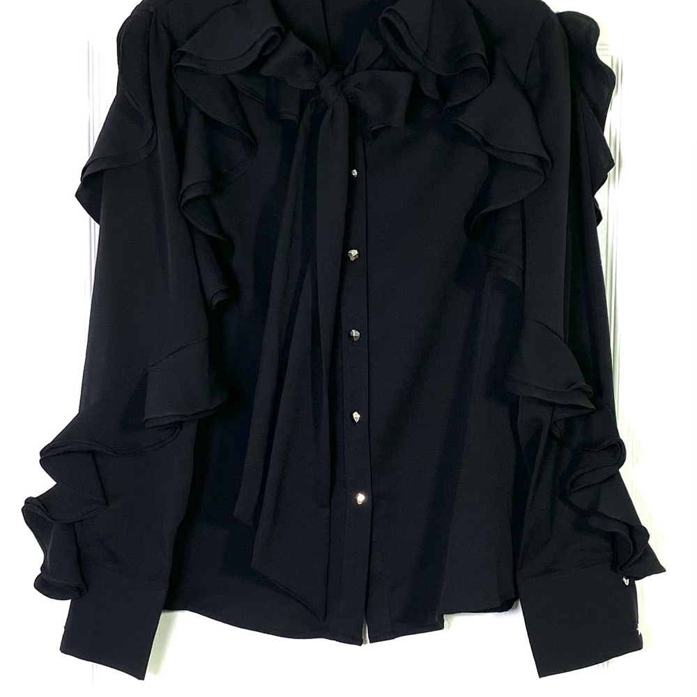 Gracia Black Ruffled PussyBow Tie Neck Button Down Shirt Blouse - Picture 3 of 8